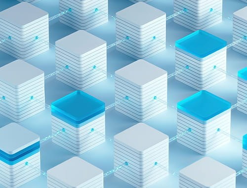 blue 2D illustration of computer server chips connected wires blockchain