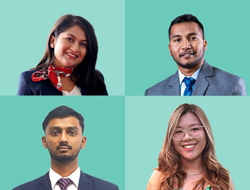 Clockwise from top left: Yajna Christna, Avikesh Bhola, Beverly Kwan, Vedanth Tulsi Mauritius ICAEW accountant student society teal background