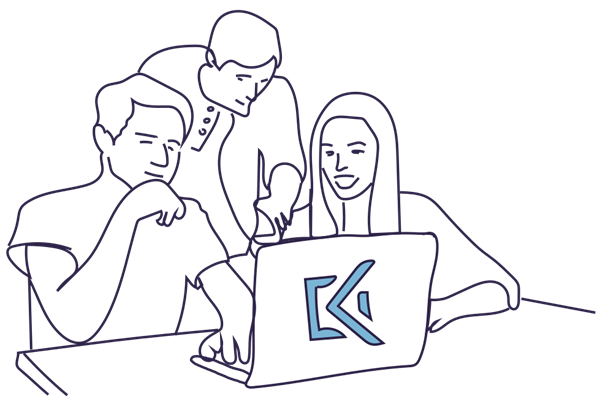 Group stood around laptop with keys finance logo